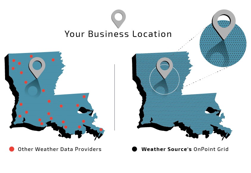 Depiction of the Weather Source OnPoint grid vs other weather data sources. Most weather data providers rely solely on airport observation station data and simple interpolation methods to extend information from those stations to your location. Airport observation stations are much farther away from your business location than Weather Source's grid points. Each point in Weather Source's 5-kilometer high-resolution grid represents a “virtual” weather station from which weather data is mapped to your business location. This means your location of interest is closer to a virtual weather station, resulting in more accurate data and predictions.