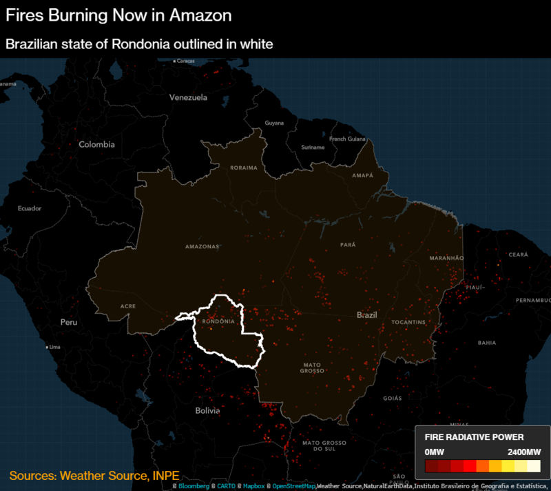 Fires now burning in the Amazon basin